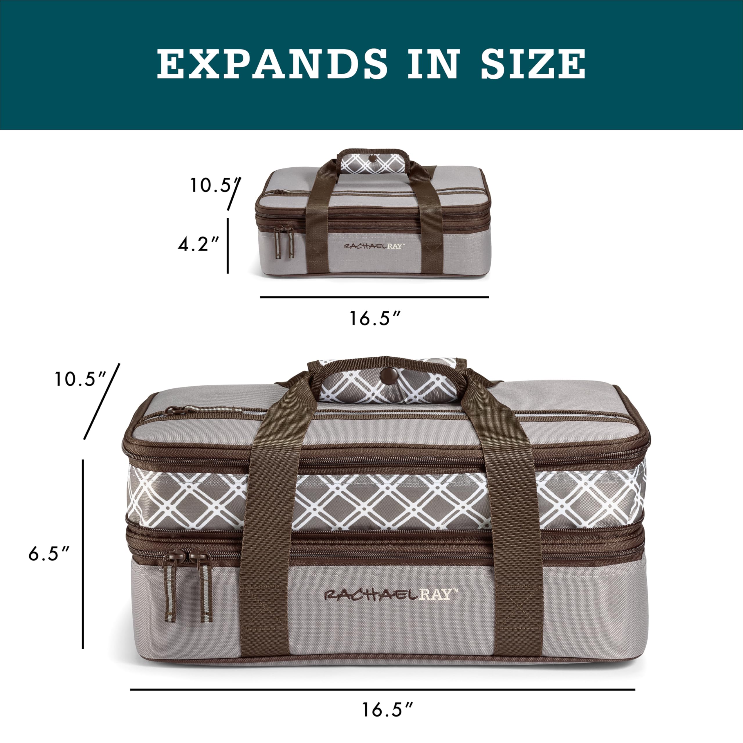 Rachael Ray Expandable Insulated Casserole Carrier for Hot or Cold Food, Thermal Lasagna Lugger Tote for Potluck, Parties, Picnic, and Cookouts, Fits 9
