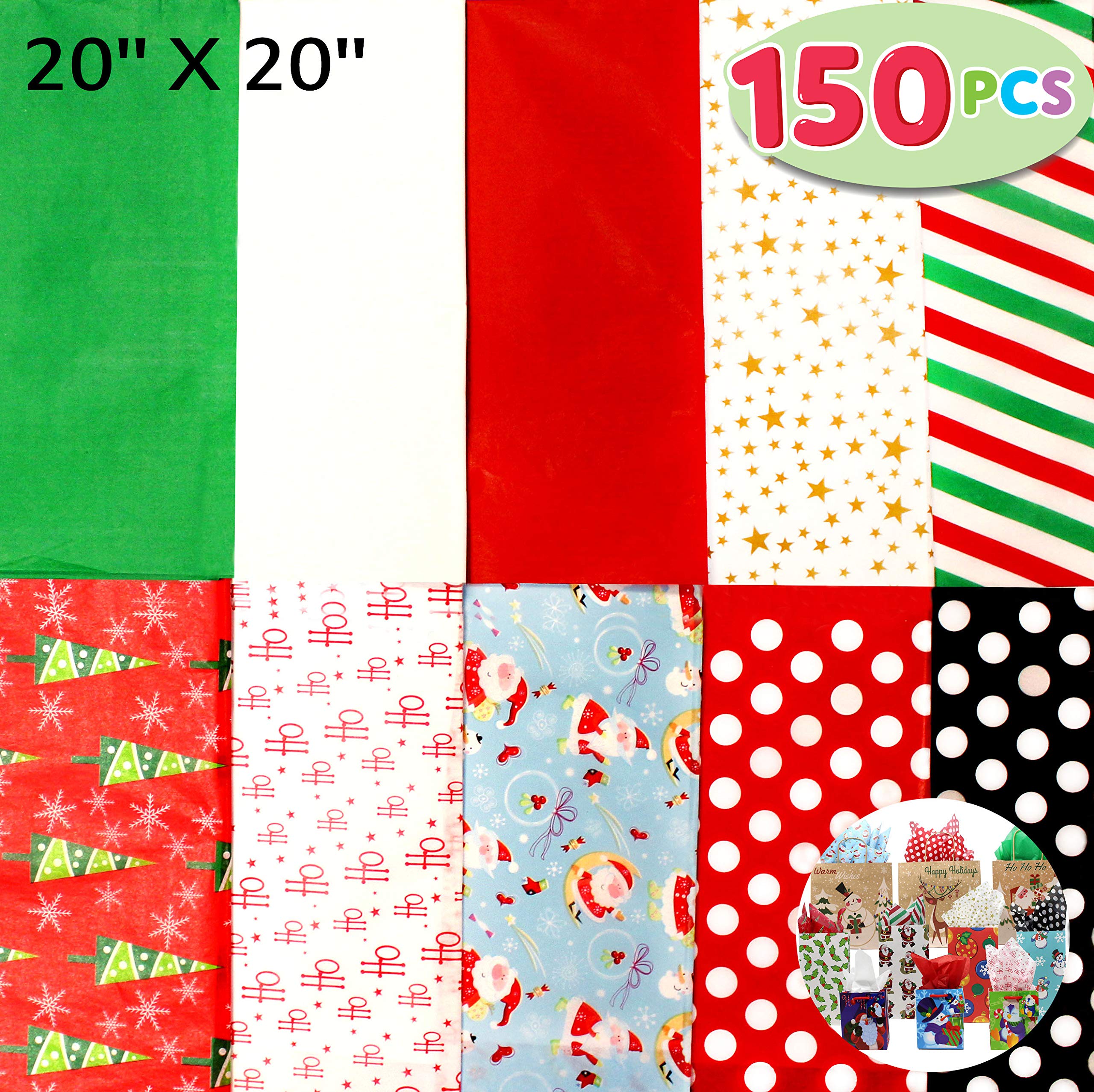 Joiedomi 150 Sheets Christmas Tissue Paper Assorted Design; Easy and Fast Gift Wrapping Accessory Perfect for present Boxes, Xmas Gift Wrapping Bags and Wine Bottles