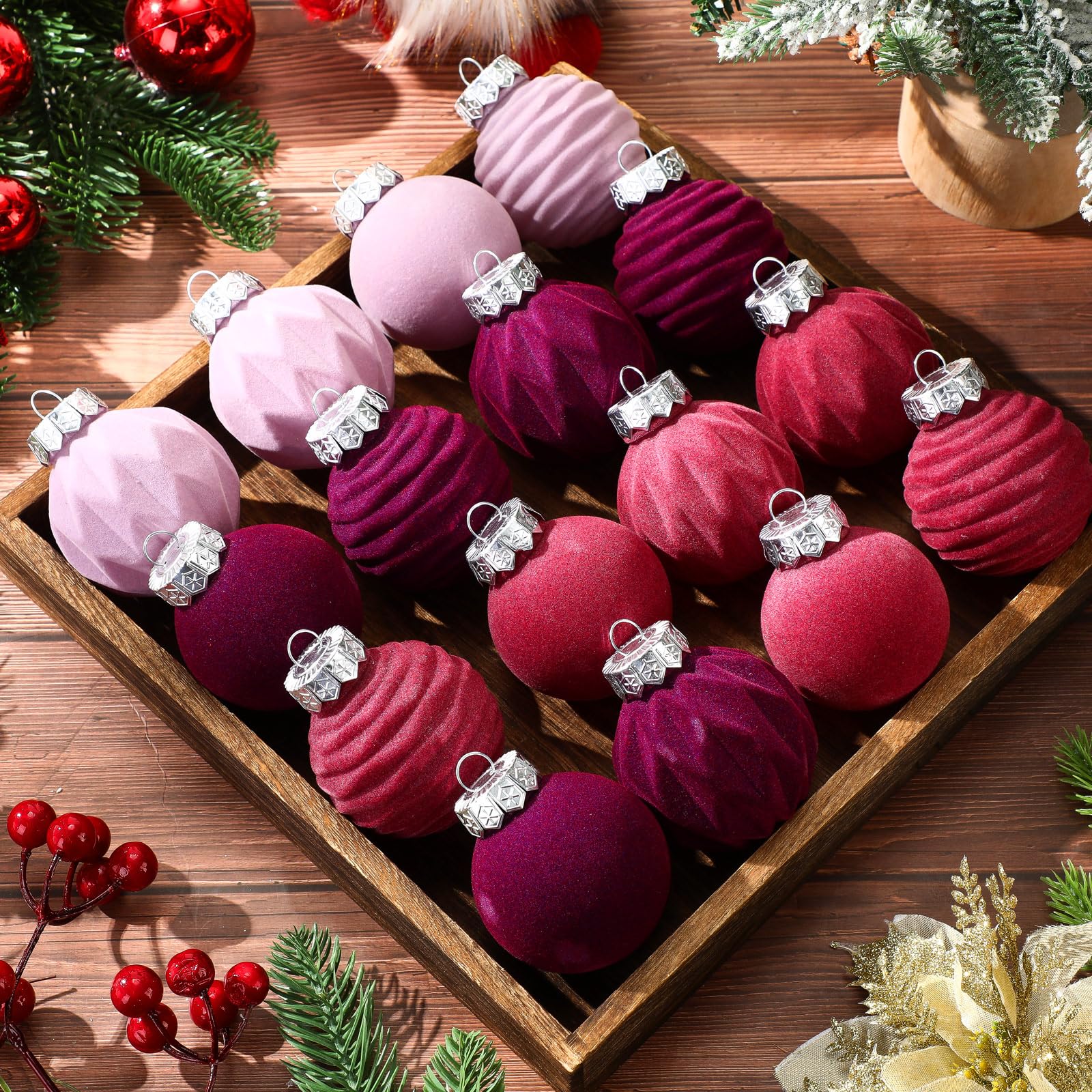 Photo 1 of Blueweenly 18 Pcs 2.36'' Velvet Christmas Ornaments Flocked Christmas Tree Ball Xmas Hanging Balls Shatterproof Hanging Decor for Tree Xmas Holiday Decor(Dark Purple, Lavender, Lilac)