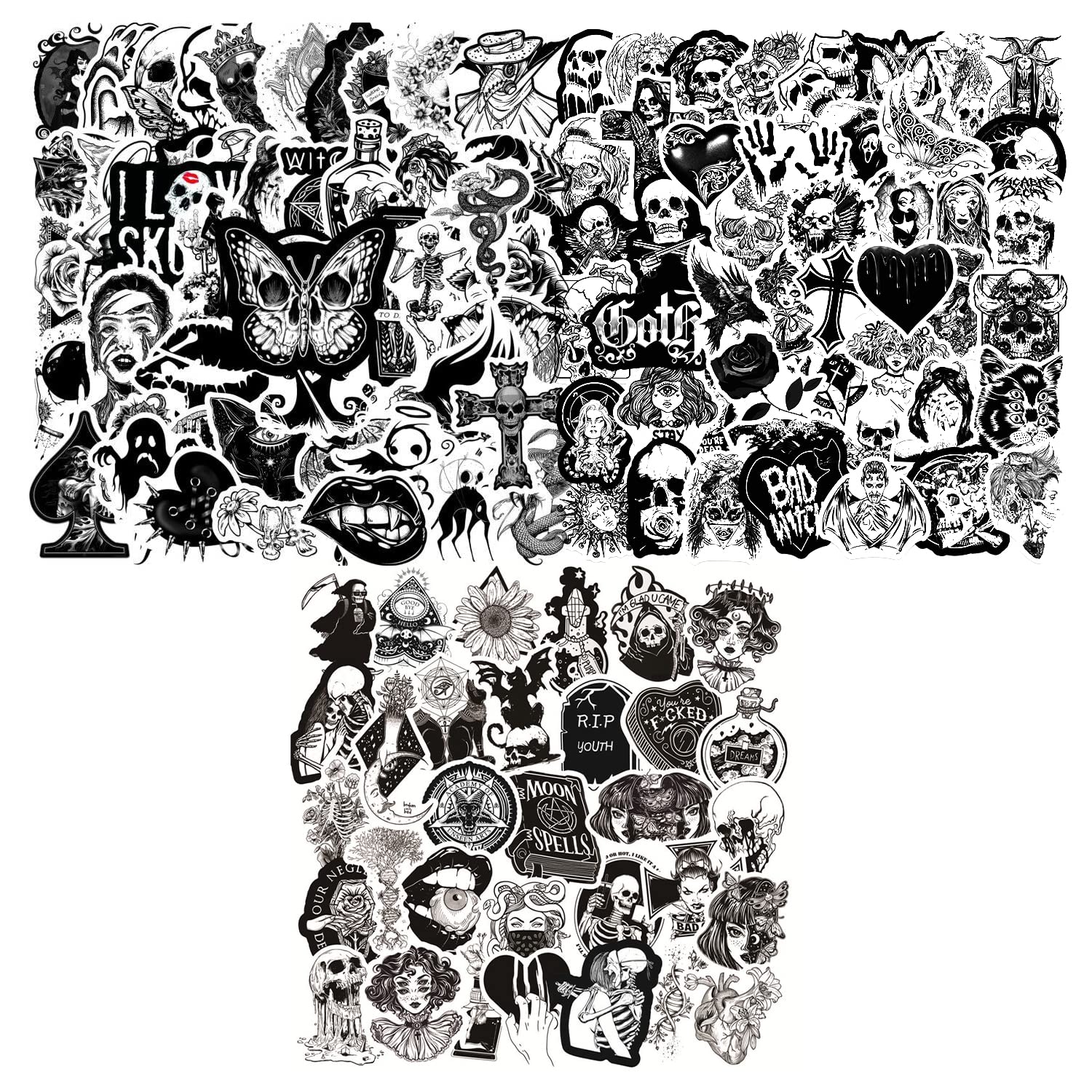 150 Goth Stickers - Black & White Skull Vinyl Punk Gothic Stickers, Halloween & Party Favors, for Notebook, Guitar, Car, Skateboard Decals - Adult & Kids Reusable