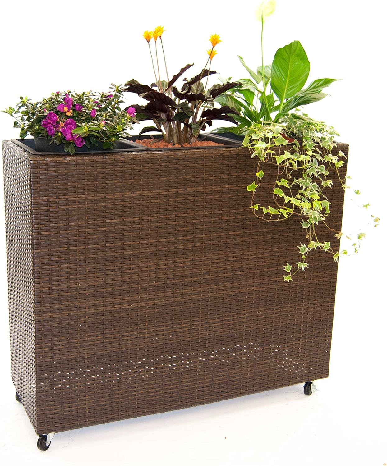 Elegant Einrichten Pflanzkübel, Pflanztrog Polyrattan als Raumteiler mit Rollen 106x40x90cm Mocca.