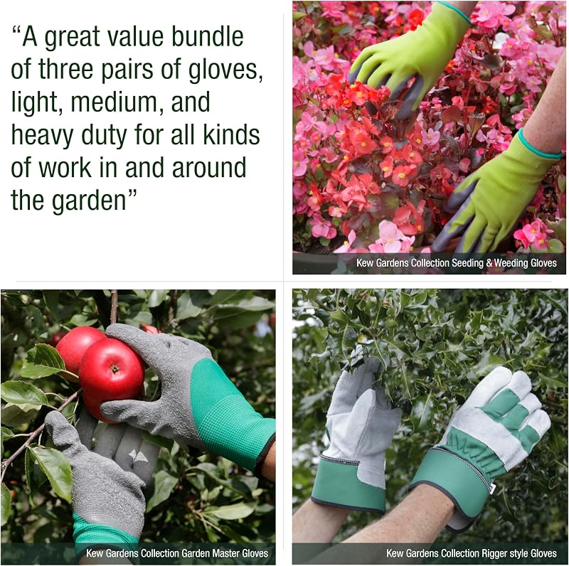 TRIOMGLOVESKEW Collection Kew Gardens Lot de 3 Paires de Gants de Jardinage, Semis, Désherbage, Entretien du Jardin et Style Rigger, Taille M