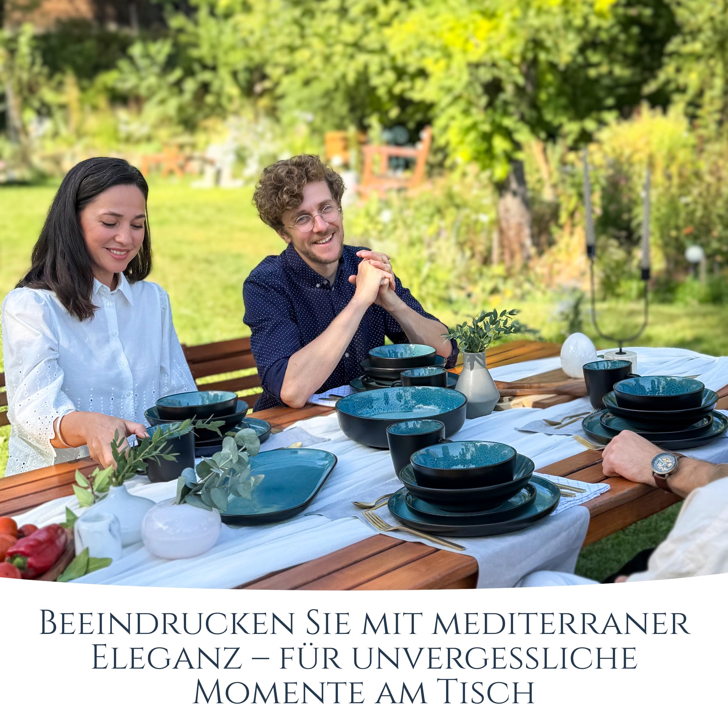 Steingut Geschirrset 6 Personen Ibiza 24 tlg. TESTSIEGER, Traumhaftes Mediterranes Steingut Geschirr Set, Schüssel- und Teller Set, Tafelservice 6 Personen, Geschirrsets Pure Living in Petrol 8