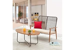 LOKATSE Home Outdoor 2 Pcs Patio Loveseat Wood with Coffee Table Bistro Cushioned Outside Bench Wicker for Garden Poolside Balcony, Khaki