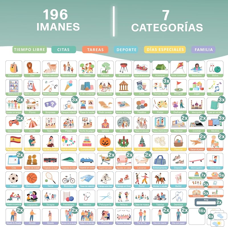 ® Planeador semanal para crianças - Quadro magnético Montessori com um design bonito que inclui 196 ímanes e uma caneta - Jogos educativos a partir dos 3 anos - Calendário infantil — foto 7 de 7