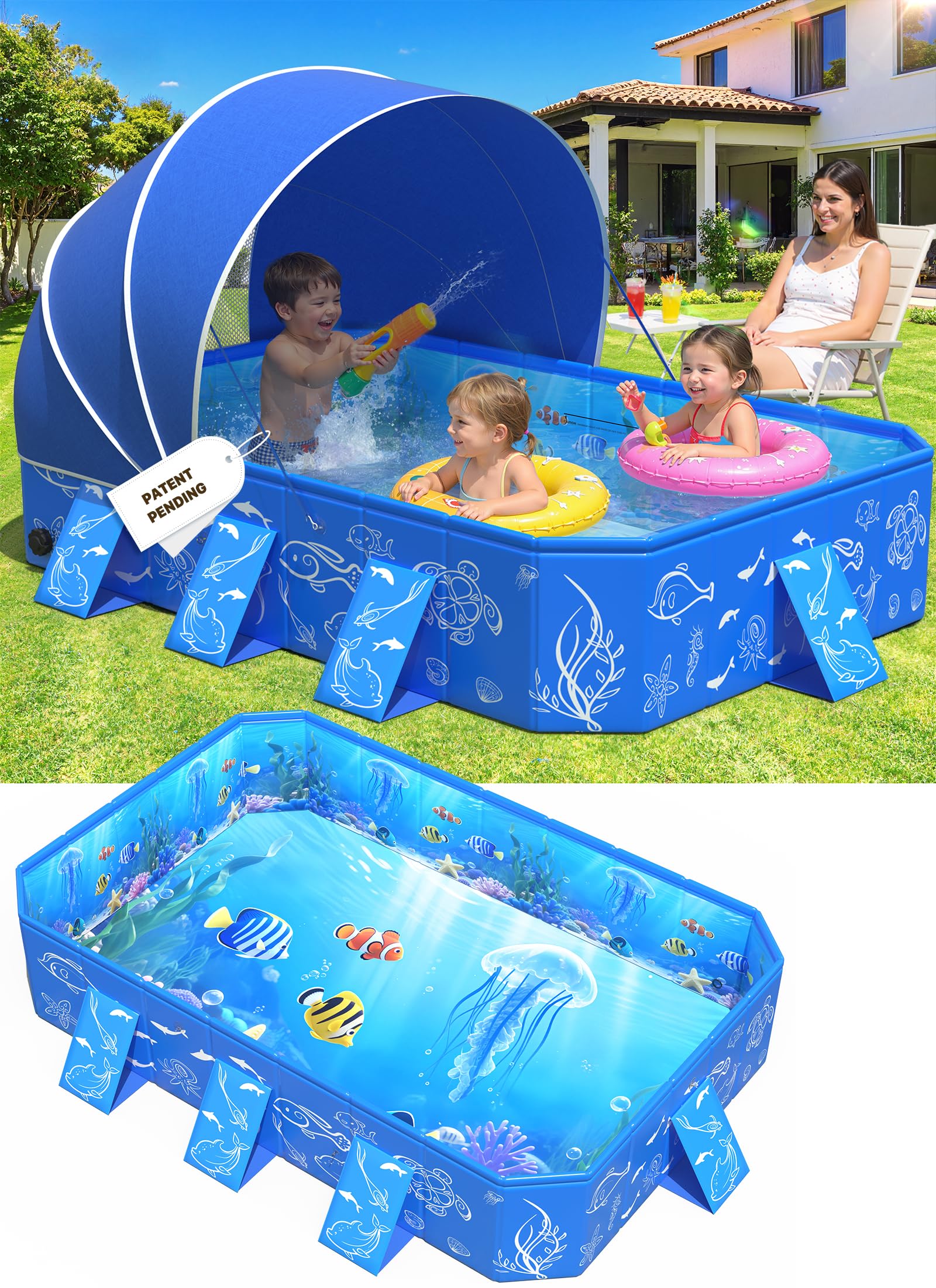 Photo 1 of 2026 Kiddie Pool with Canopy,Baby Swimming Pool for Toddler,Non-Inflatable Portable Pool for Kids,Foldable Toddler Pool with Shade,Kiddie Pool for Backyard,Pop Up Baby Beach Pool 53''×40''×33''