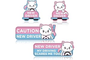 W1cwey 4pcs Cartoon Cat Student Driver Car Magnets – Cute Reflective New Driver Signs, Reusable Bumper Safety Stickers for Teens (Nervous Cat Design)