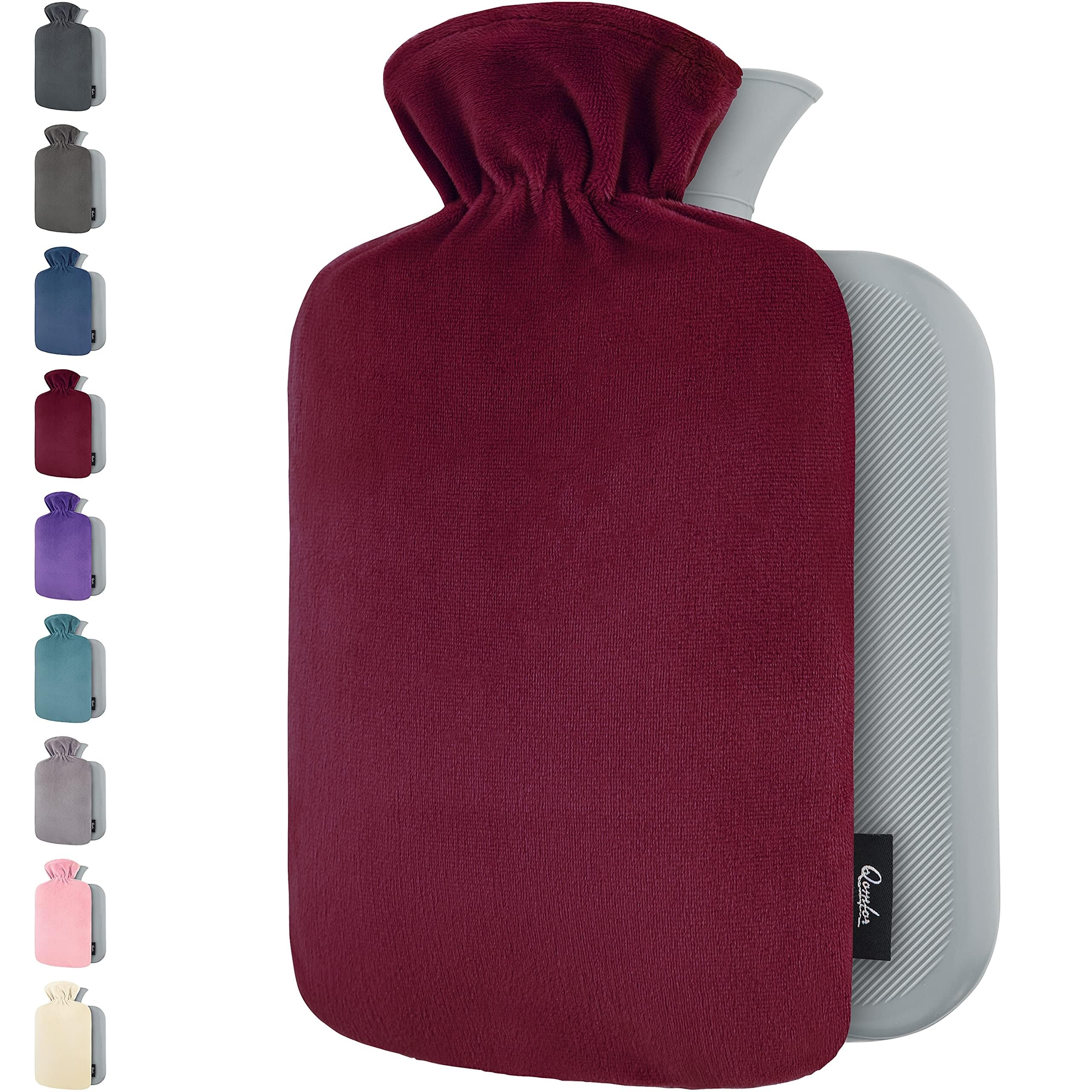 Hot Water Bottle - with Soft Premium Fleece Cover - Burgundy, 2L - Heating Pad for Menstrual Cramps & Period Comfort - Bed Foot Warmer - Hot & Cold Compress for Back, Stomach, Neck Pain Relief