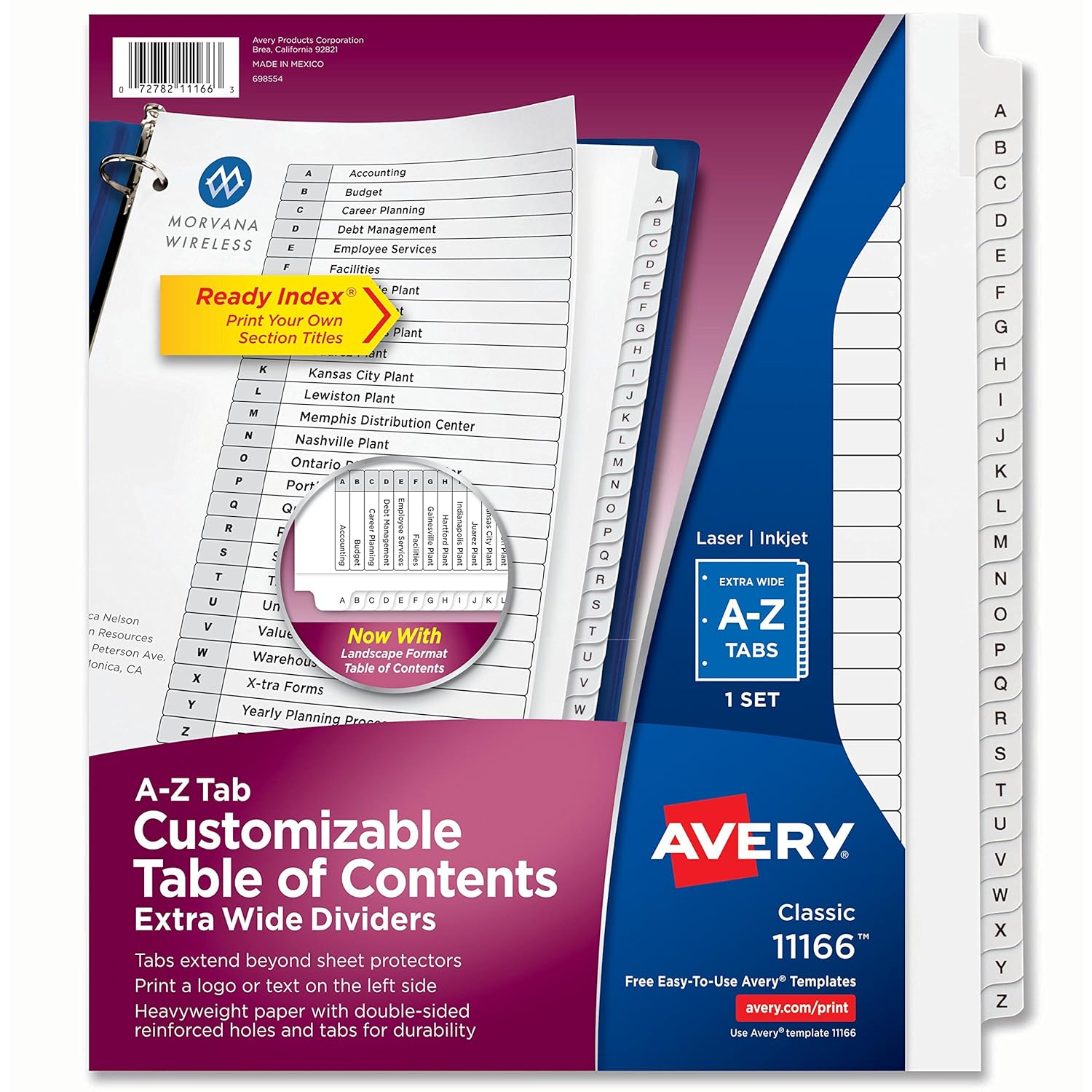 Avery A-Z Extra-Wide 3 Ring Binder Dividers, Customizable Table of Contents, Multicolor Tabs, 1 Set (11166)