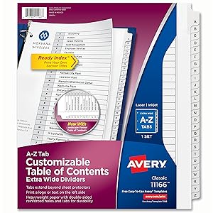 Avery A-Z Extra-Wide 3 Ring Binder Dividers, Customizable Table of Contents, Multicolor Tabs, 1 Set (11166)