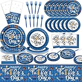 Happy Father's Day Party Supplies Disposable Paper Plates Napkins Forks Tablecloth for Father's Day Party Family Dinner Table Decorations Dad Table Cover Tableware Set Serve 24