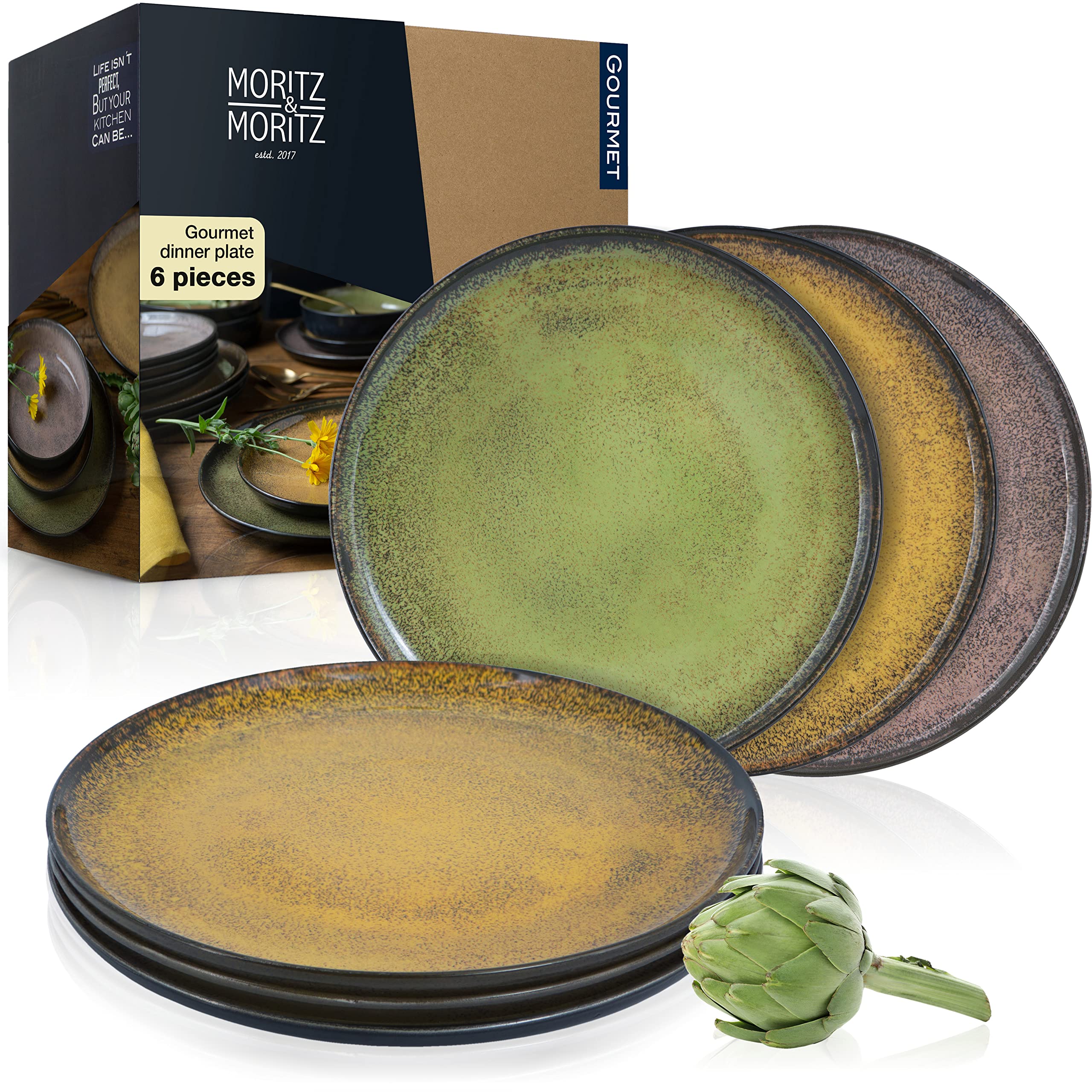 Moritz & Moritz VIDA Dinner Plate Set of 6 Vintage - Ø 27cm Porcelain Dinner Plates for 6, Dishwasher & Microwave Safe - Stylish and Durable Plates for Everyday Use, Ideal for Dinner, Brunch & More
