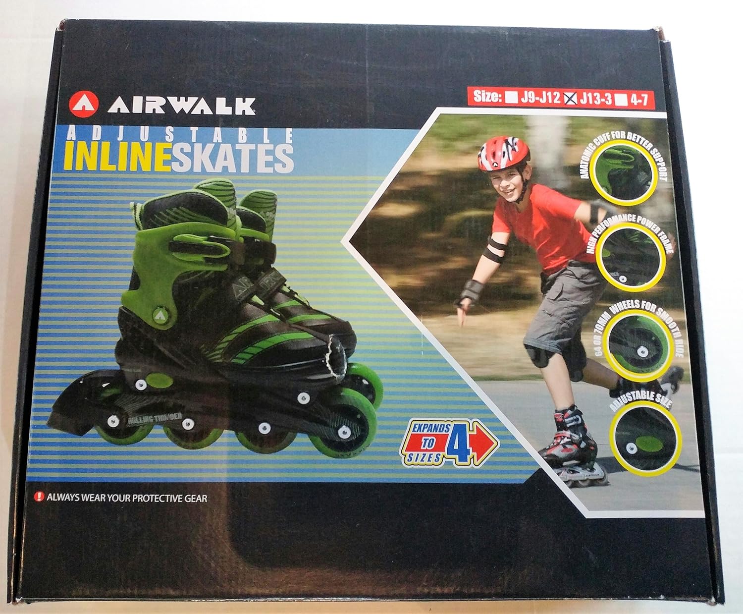 AIRWALK ADJUSTABLE INLINE SKATES For KIDS Black/Green Size J133