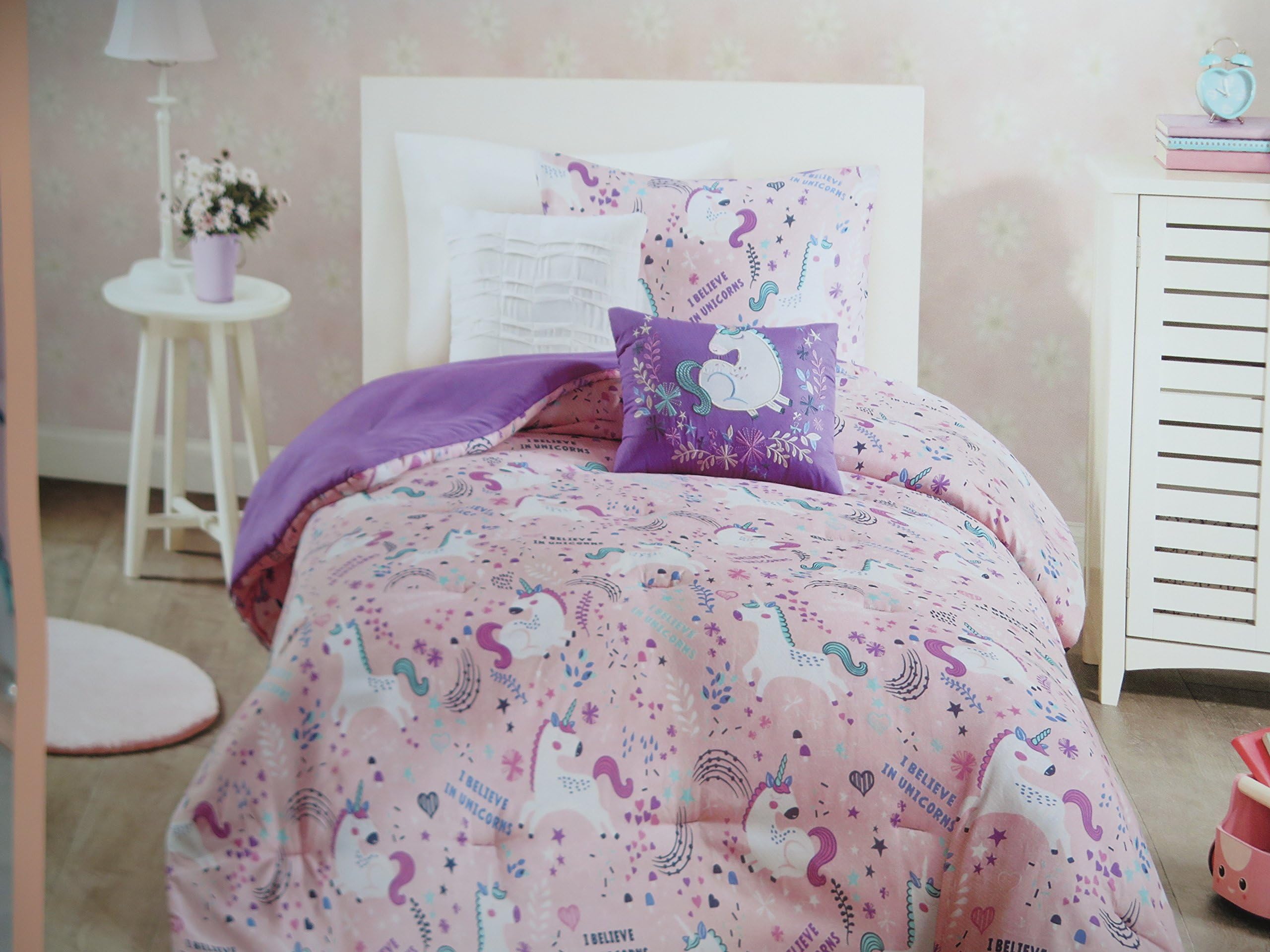 Urban Domain Kids LOLA Unicorn Twin 4 Pc Bedding Ensemble Pink Purple $180