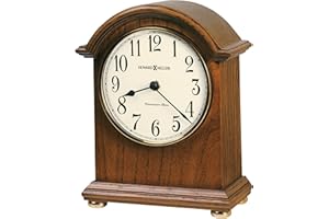 Howard Miller Myra Mantel Clock - Quartz Movement Battery Operated Analog Table Clock with Westminster Chime, Arch Style, White Dial, Brown Wooden Finish for Home Living Room Decor and Shelf Display