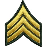 U.S. Army Sergeant E-5 Stripe Army Uniform Chevron Rank Sew on Iron on Arm Shoulder Embroidered Applique Patch - Gold on Green - By Ranger Return (RR-IRON-SERG-E503-GRGL)