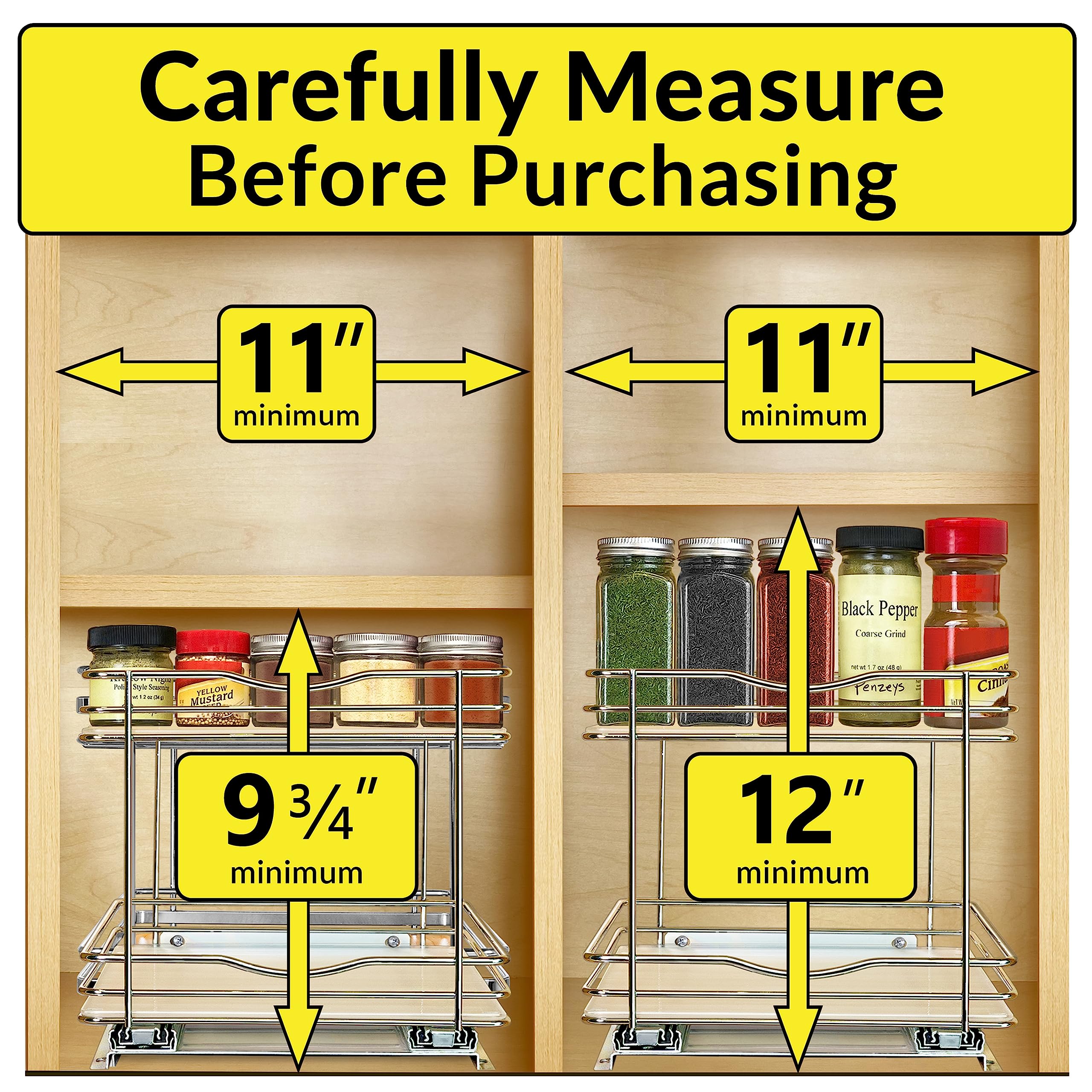 LYNK PROFESSIONAL® Pull Out Spice Rack Organizer for Inside Kitchen Cabinets - 10-3/8 inch Wide - Slide Out Drawer – Chrome Sliding Spice Cabinet Organization Shelf Racks - 2 Tier