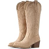 IUV Suede Cowboy Boots For Women Chunky Heel Pointed Toe Cowgirl Boots Mid Calf Western Embroidery fall Boot