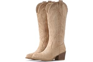 IUV Suede Cowboy Boots For Women Chunky Heel Pointed Toe Cowgirl Boots Mid Calf Western Embroidery fall Boot