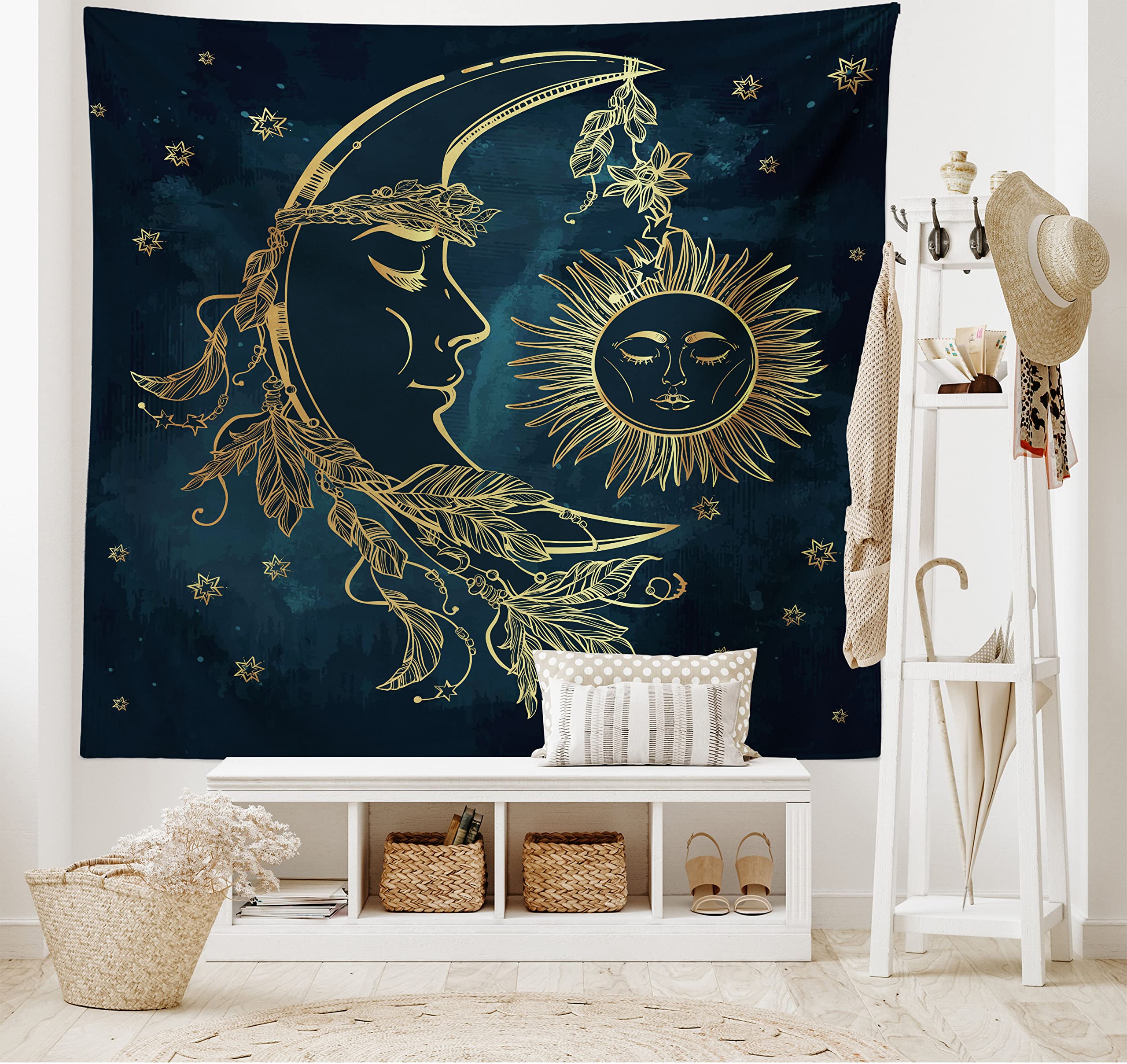 ABAKUHAUS Psychedelic Tapestry, Crescent Moon with Boho Feathers Alchemy Magic Egyptian Myth Design, Fabric Wall Hanging Decor for Bedroom Living Room Dorm, 90 W X 54 L, Yellow Petrol Blue