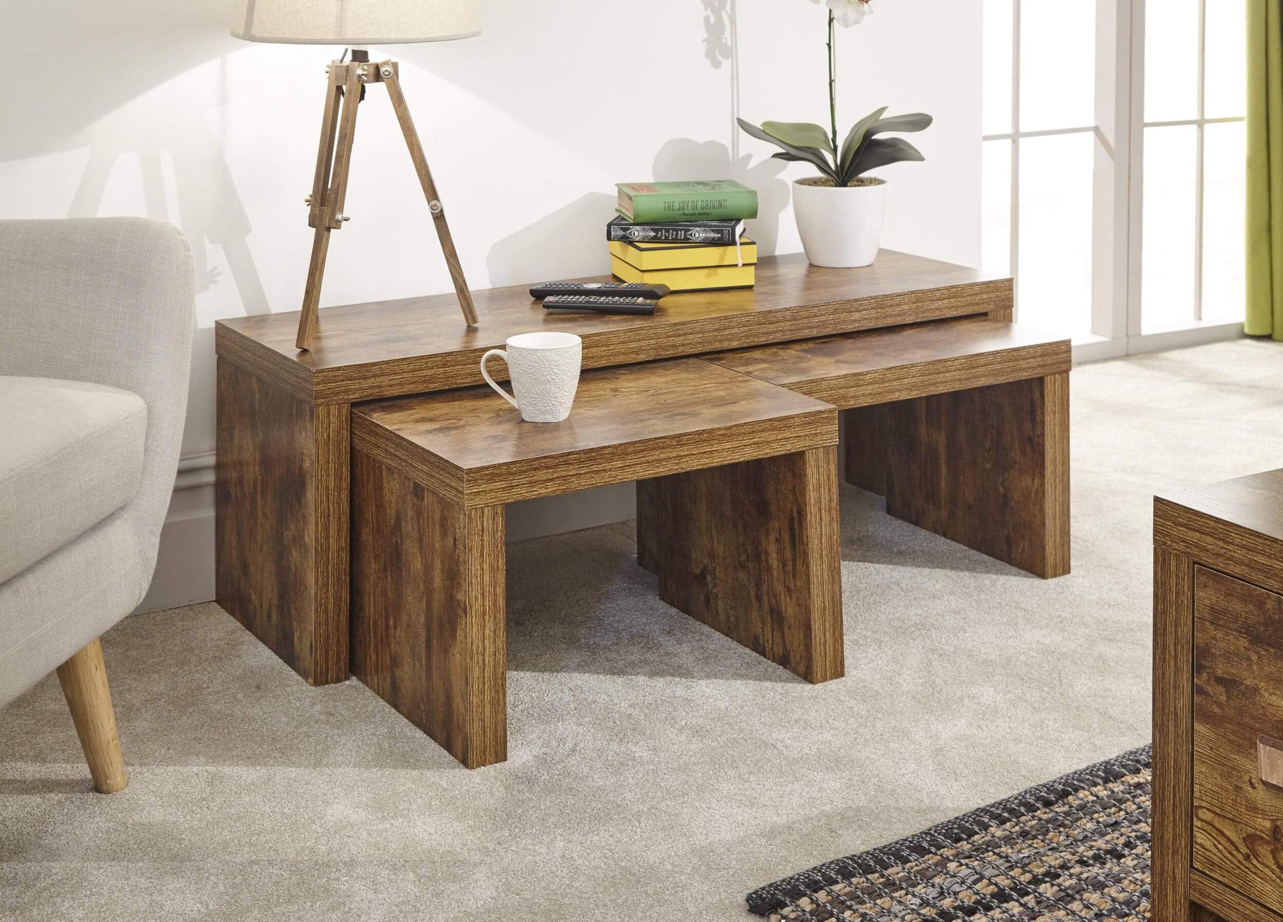 Home Source Particle Board Study Walnut Mango Effect Nest of Tables Set 1 Long 2 Small Table