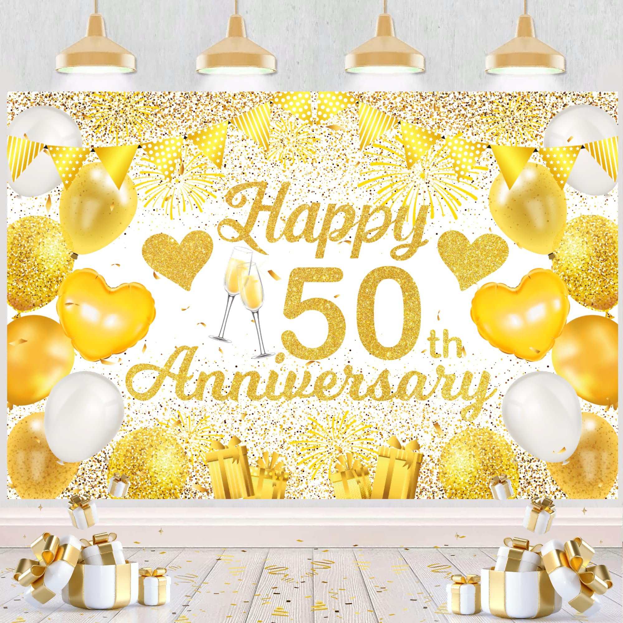 Happy 50th Wedding Anniversary Decorations Backdrop, 70 x 47 Inches White and Gold 50th Anniversary Banner, Golden Wedding Photo Booth Background Party Supplies