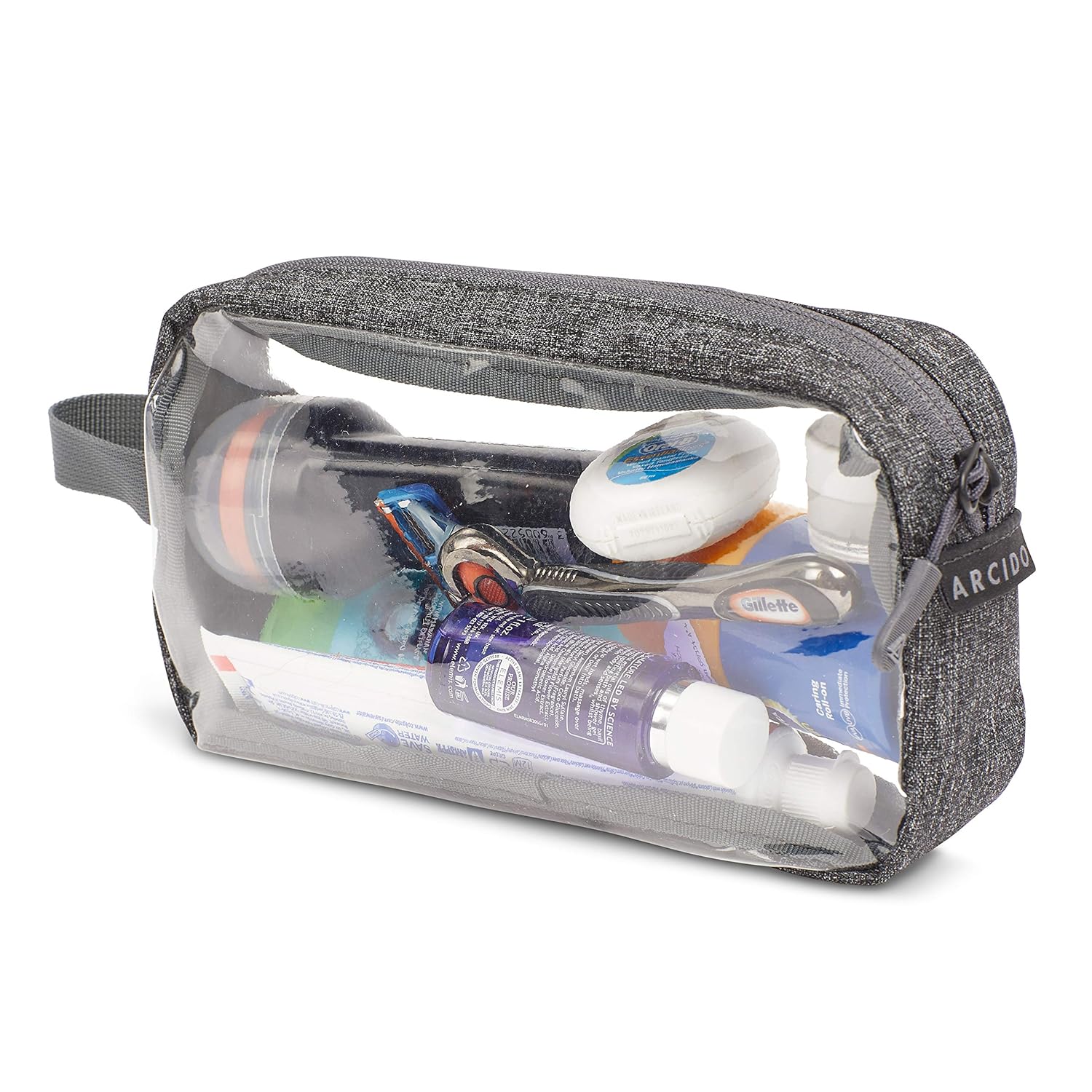 Arcido Transparent Washbag - Airport TSA Compliant Security Compatible 20cm Cosmetics/Liquids Bag with Grey Canvas and Waterproof Zip