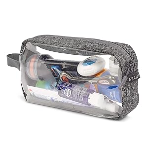 Arcido Transparent Washbag - Airport TSA Compliant Security Compatible 20cm Cosmetics/Liquids Bag with Grey Canvas and Waterproof Zip
