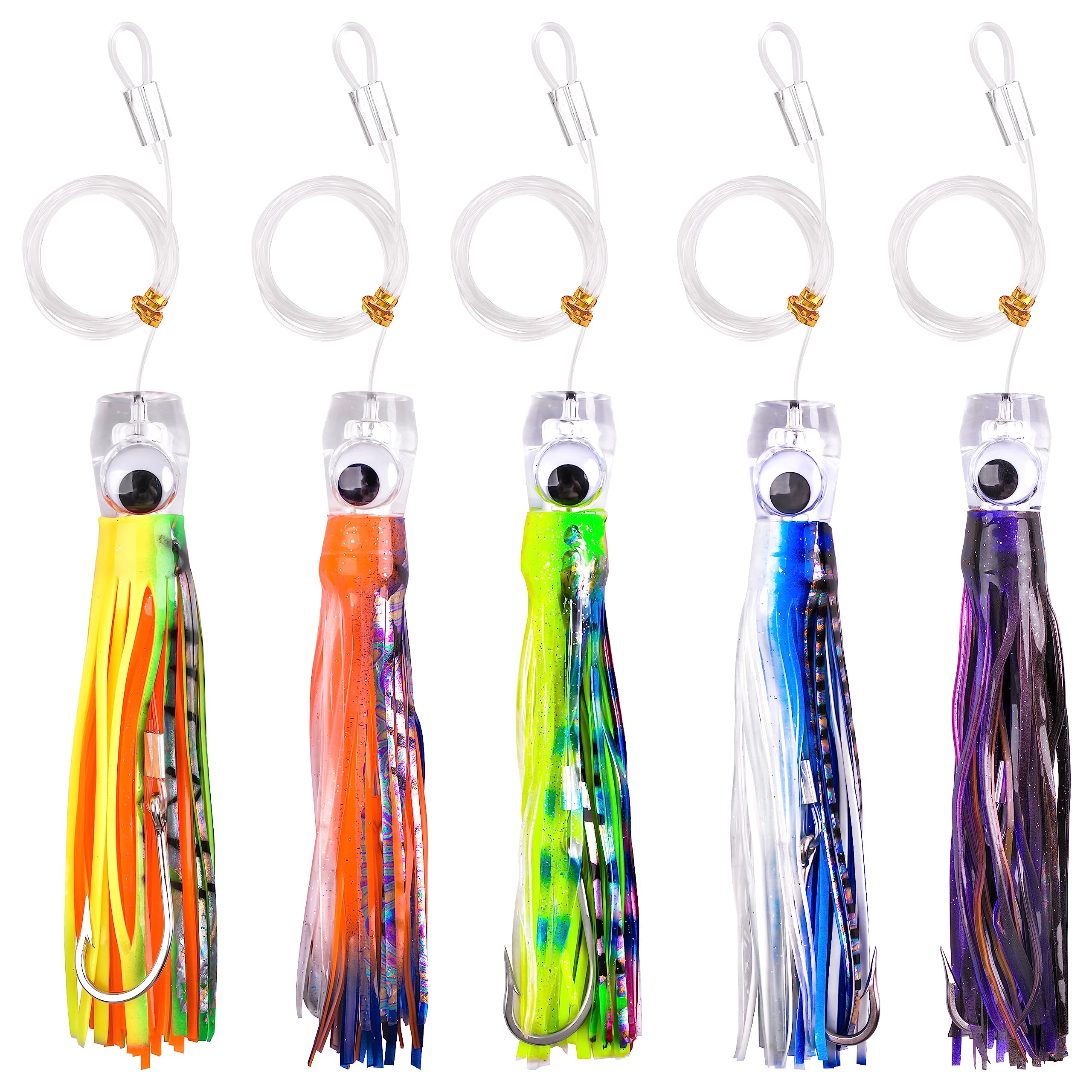 5pcs Saltwater Trolling Lures Set 6in/9in Big Game Octopus Squid Skirt Trolling Lure with Rigged Hooks Offshore Fishing Lure for Deep Sea Marlin Tuna Mahi Dolphin Shark (9in/21cm)