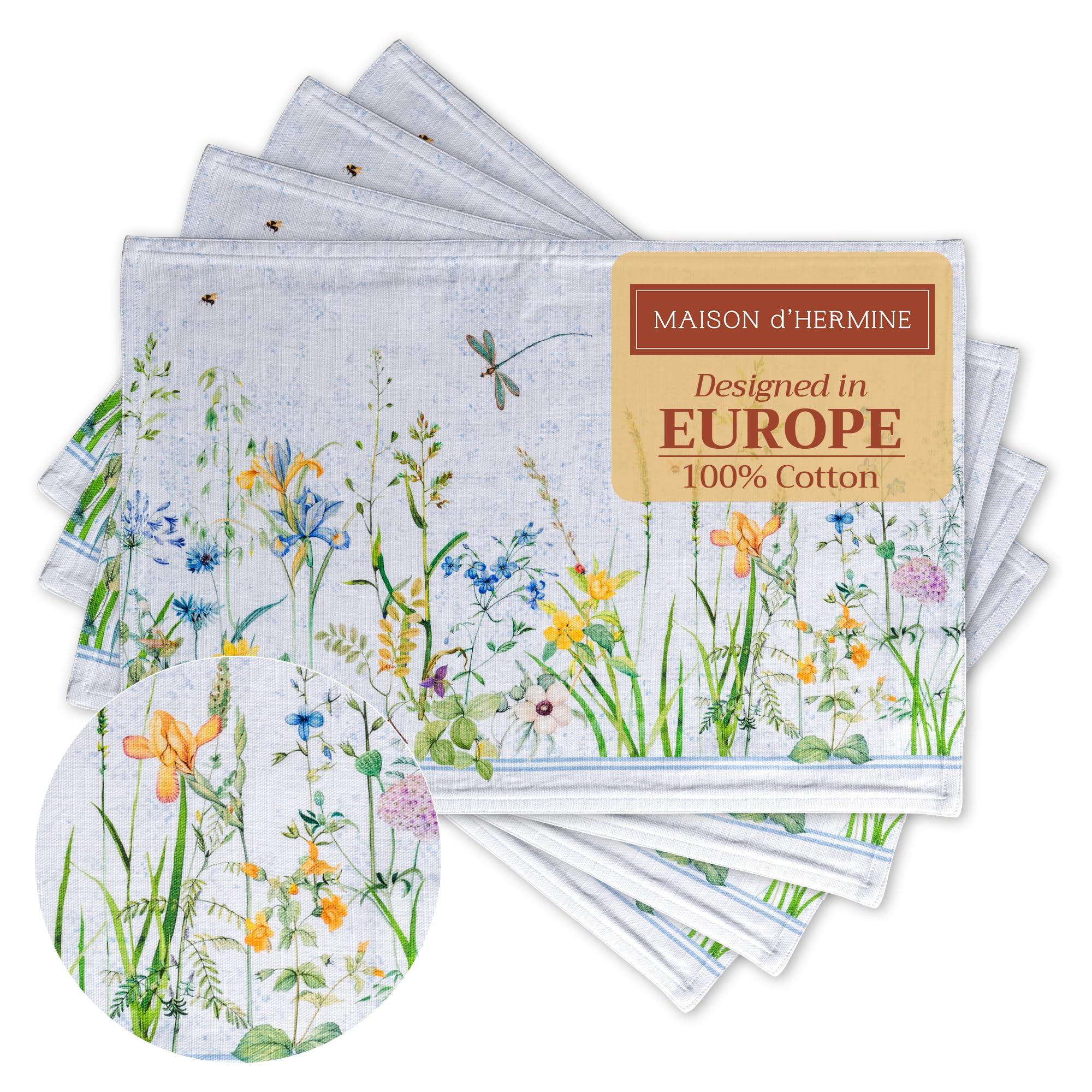 Maison d' Hermine Placemats Set of 4 100% Cotton Washable Cloth Place Mats Reusable Table Mats for Kitchen Dining Party Wedding Gifts for Mothers Day Spring/Summer (Fleurs De Mai, 13" x 19") Image