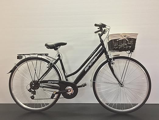 title=Bicicletta Citybike Donna Imperia nera 28 Shimano 6V con cesto vimini montata al
