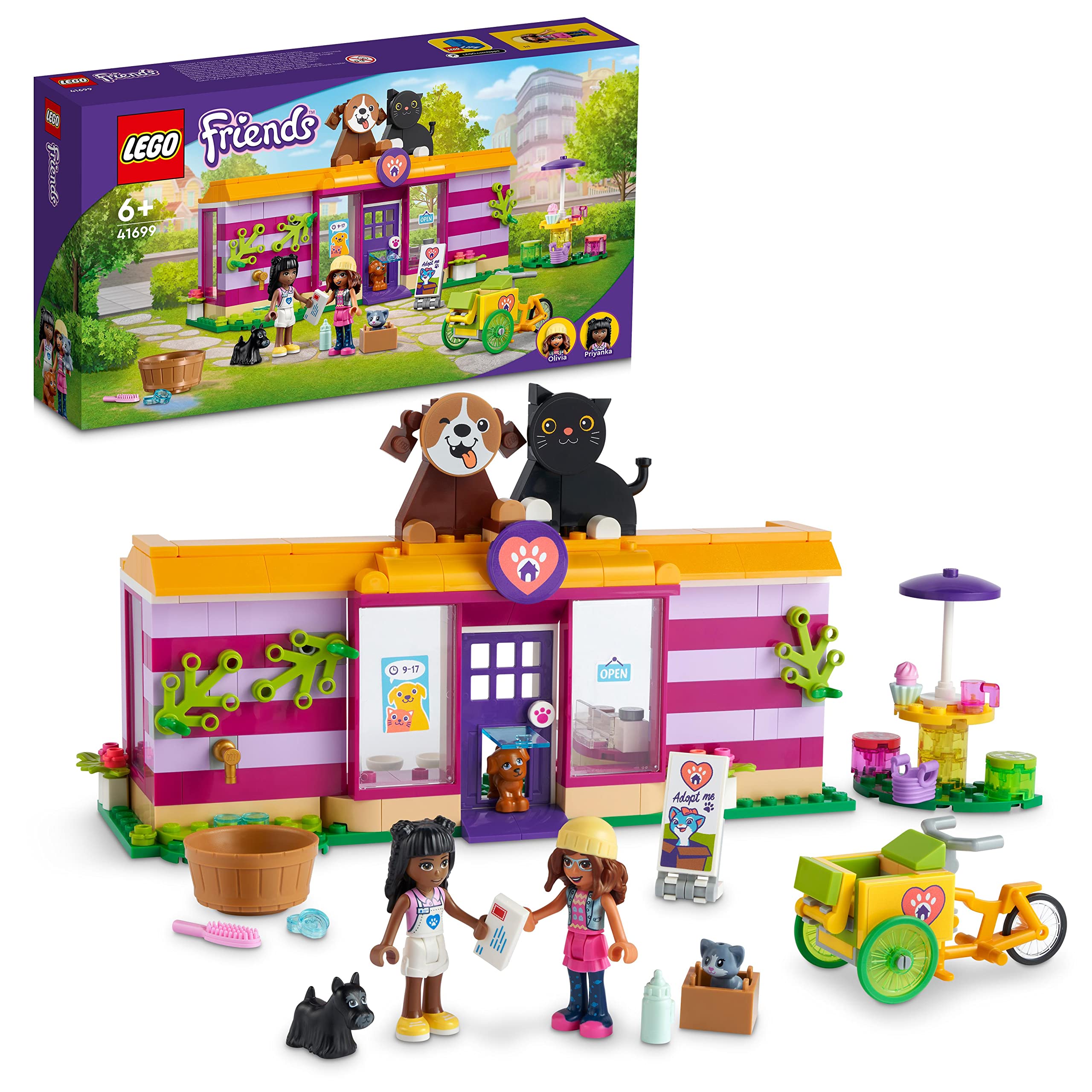 LEGO Friends Pet Adoption Café 41699 Building Kit; Birthday Gift Idea Comes with Olivia and Priyanka Mini-Dolls, 2 Dogs and 1 Cat Toy; For Kids Aged 6+ (292 Pieces)
