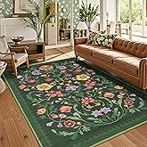 Washable Rug 5x7 Area Rugs for Living Room, Protea Floral Rug for Bedroom, Soft Boho Non Slip Throw Rugs with Rubber Back, Low Pile Stain Resistant Vintage Floral Carpet for Dining Room, Forest Green
