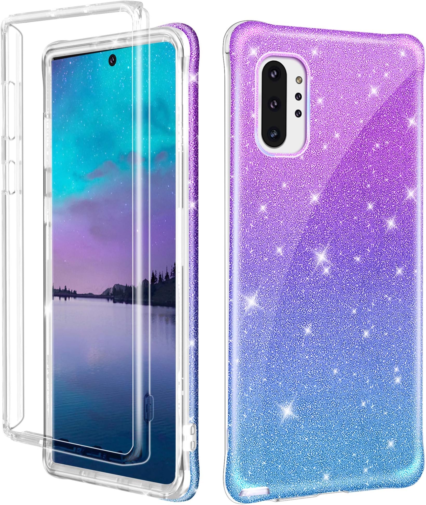 LONTECT for Galaxy Note 10 Plus Case Glitter Sparkly Bling Slim Shockproof Full Body Protective Cover Case [Without Built-in Screen Protector] for Samsung Galaxy Note 10 Plus/5G, Gradient Purple Blue