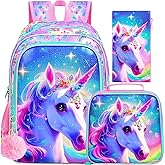 gxtvo 3PCS Girls Unicorn Backpack, 16" Kids Bookbag with Lunch Box, Water Resistant Elementary School Bag for Preschool Toddler