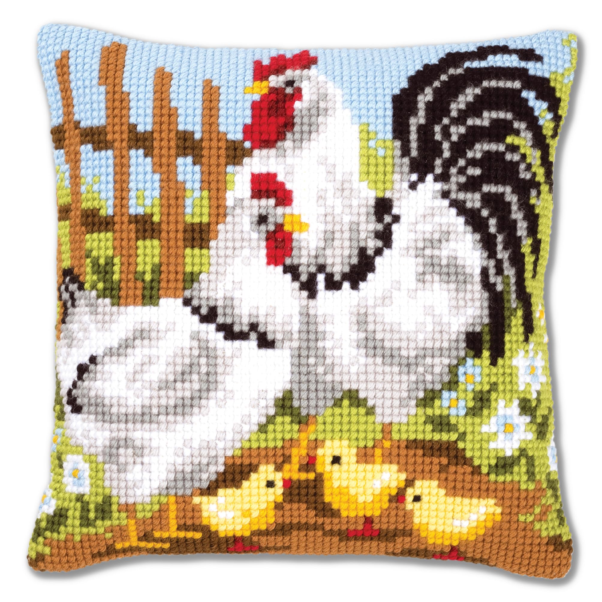 Vervaco Rooster Family Cross Stitch Cushion, Multi-Colour