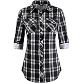 KOMANA Women's Roll Up Stretchy Knit Plaid Shirts Button Down Long Sleeve Blouses for Women Tops