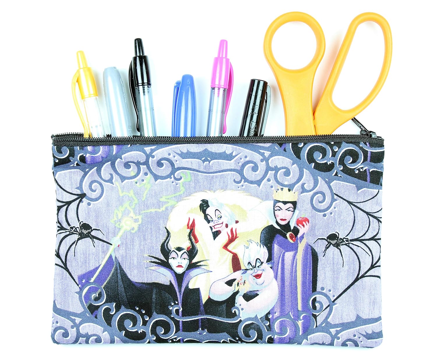 Maleficent, Ursula, Cruella de Vil, and Evil Queen Disney Villain Fabric Pencil Case or Cosmetic Bag - 8” x 5” Zipper Pouch Made With Licensed Fabric - HAND MADE IN THE USA