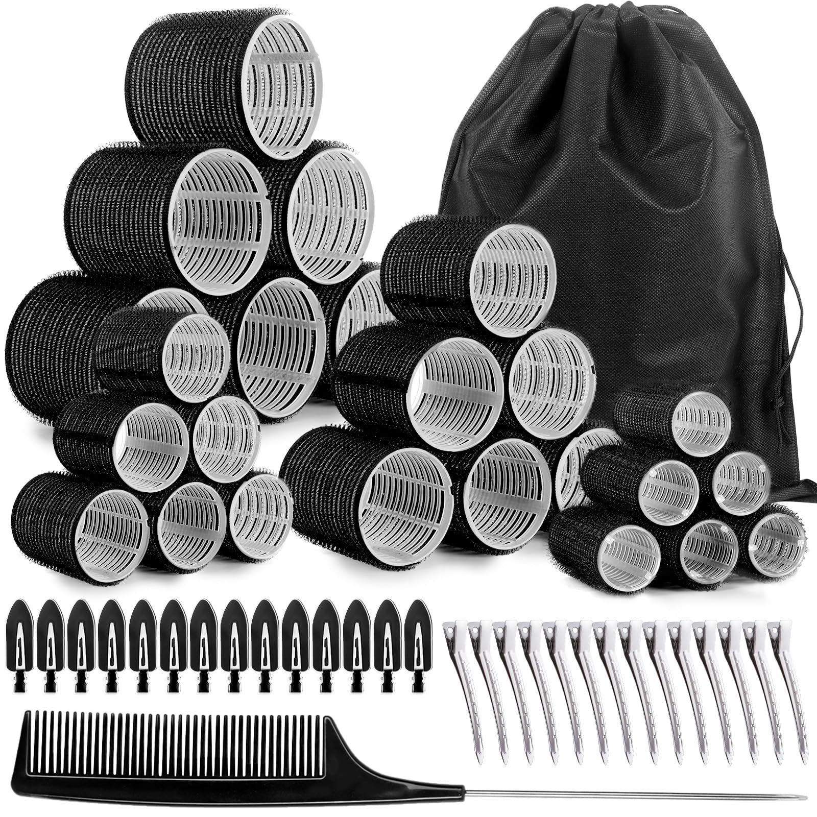 Zefphxs 54 PCS Hair Rollers with Clips, Black Rollers for Hair, Jumbo Large Medium Small Hair Curlers Rollers for Long Medium Short Thick Fine Hair DIY Hairdressing (Black)