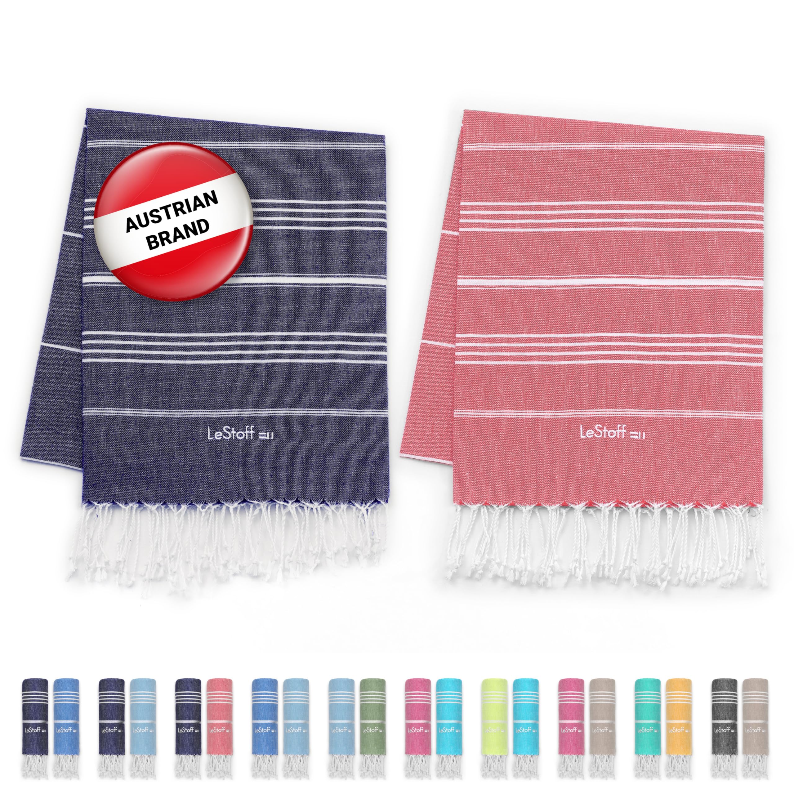 LeStoff Premium Hammam Towel (Set of 2) – 100% Organic Cotton - Pre-washed Sustainable Absorbent & Quick-Drying - Beach, Bath, Shower, Yoga, Spa & Travel Towel (95 x 180 cm, Navy - Red)