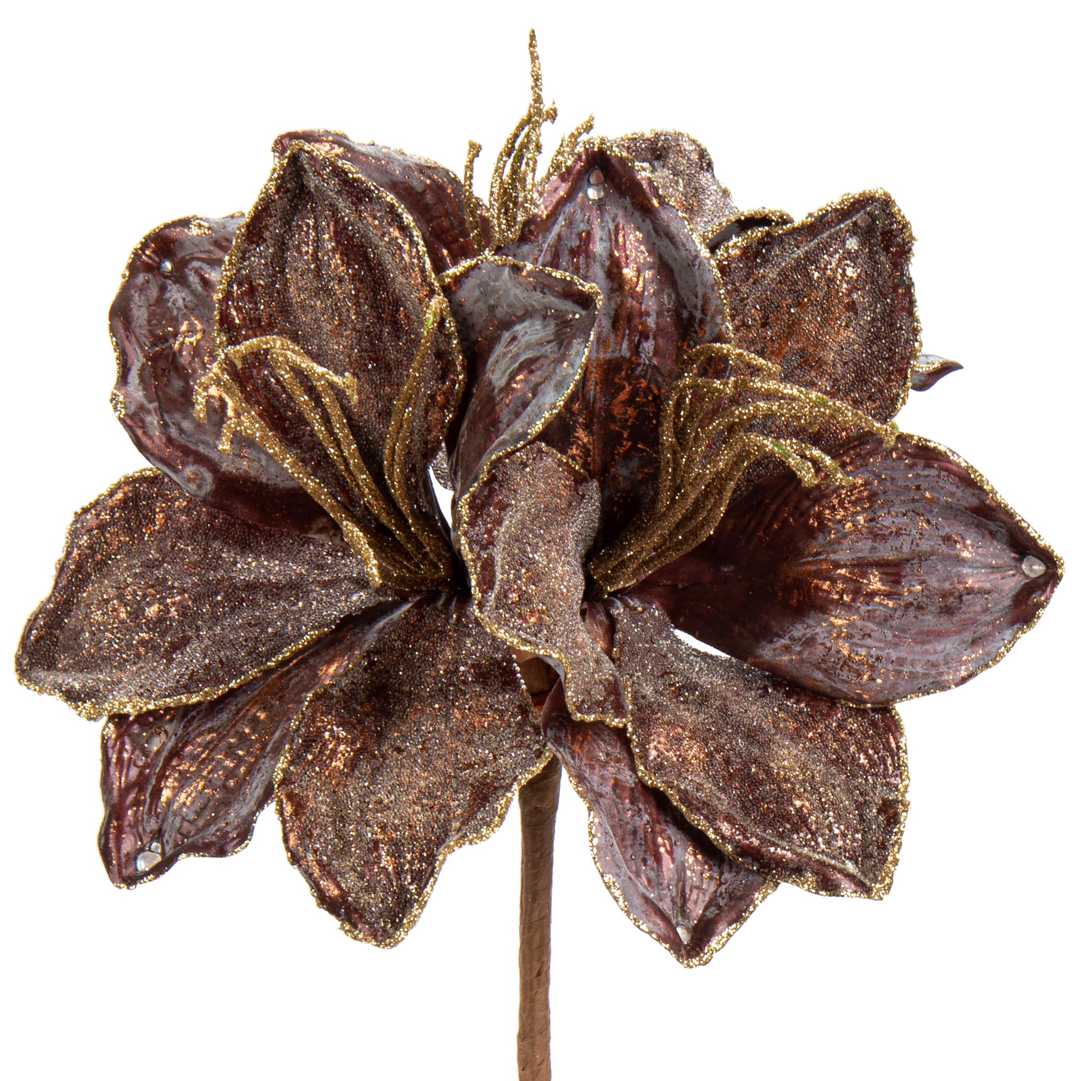 Oairse 3PCS Large Christmas Glitter Poinsettia Flowers 3 Heads Artificial Clivia Flower Picks 64cm Long Stem Brown Xmas Ornaments for Christmas Tree Decorations Flora Arrangement Table Centerpiece