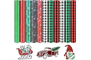 BANBBUR Christmas Heat Transfer Vinyl, 11 Sheets Christmas Buffalo Plaid HTV Vinyl, Holographic Snowflake Iron On Vinyl for Cameo 12×10 inch