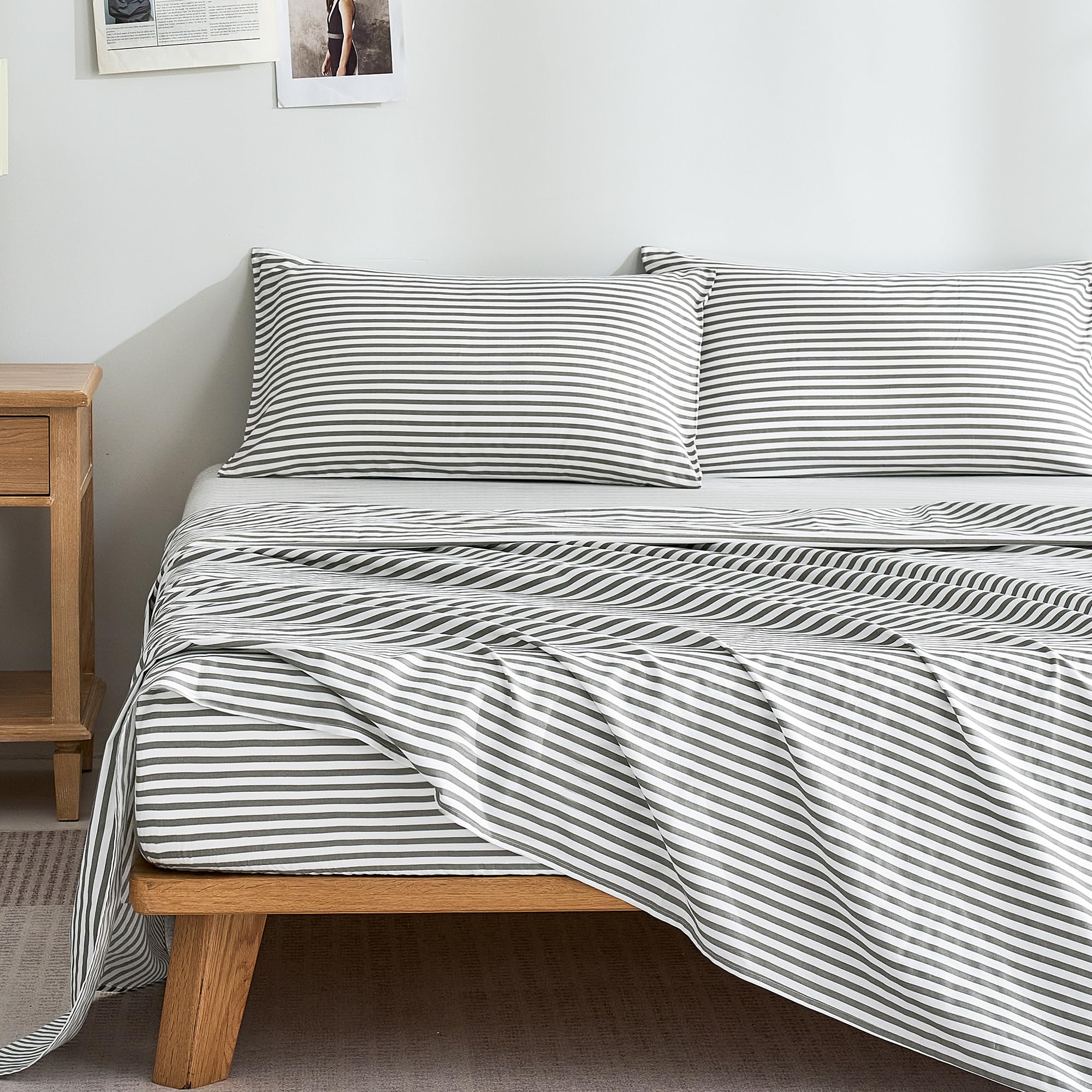 Photo 1 of JELLYMONI 100% Cotton Bed Sheets Set – Grey and White Stripes, Queen Size, Soft Bedding with Deep Pocket Fitted Sheet, Flat Sheet & Pillowcases