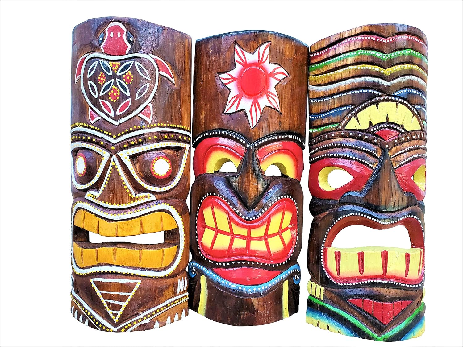 Set of (3) Wooden Handcarved 12" Tall Tiki Masks Tropical Wall Decor!