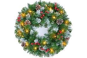 YULETIME 20" Pre-Lit Christmas Wreath, Battery Operated with 10 Fairy Lights Holiday Wreath, Baubles, Natural Pine Cones, Berries, Leaves, Spruce Branches, Pine Needles (Snowy)