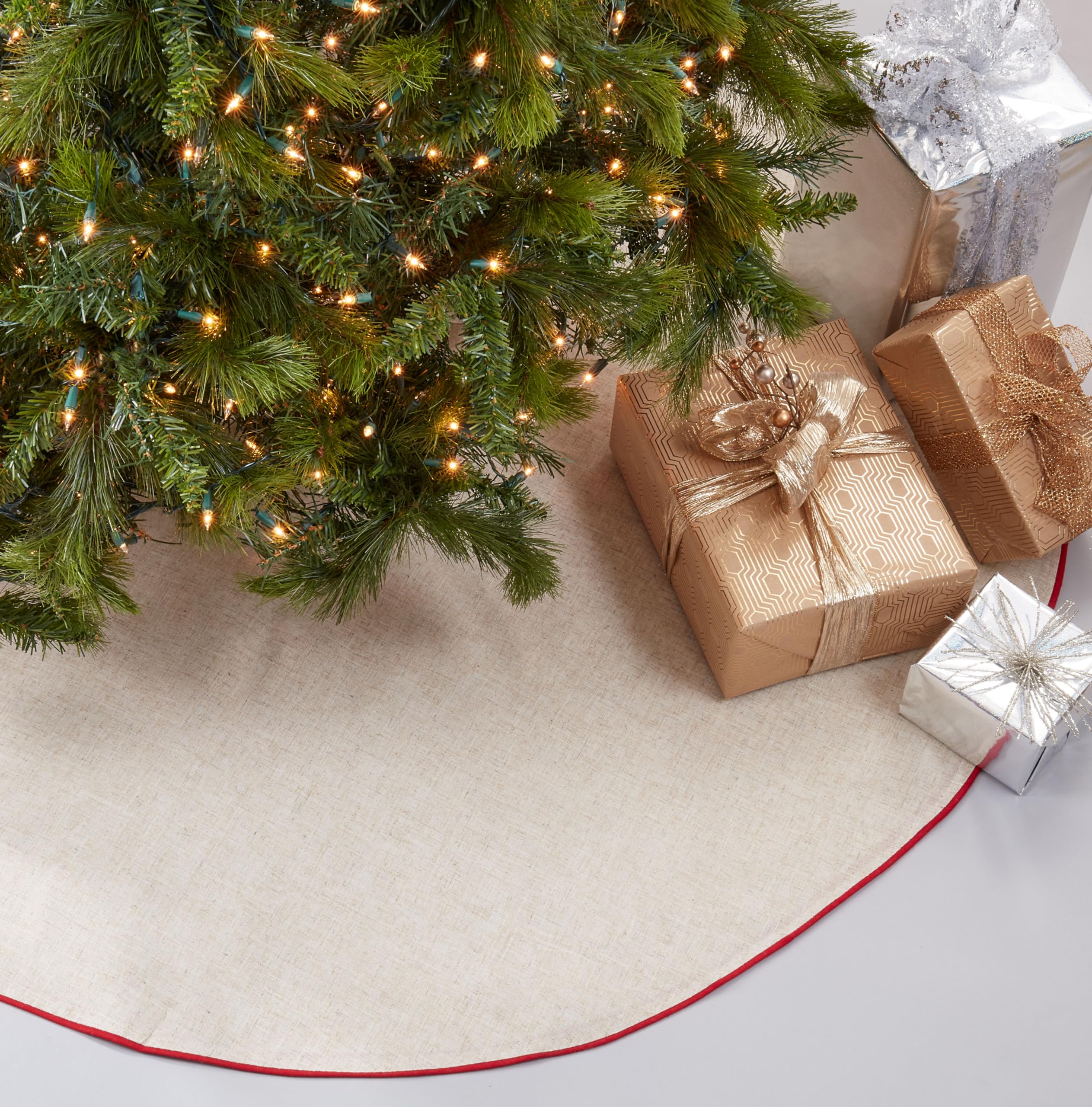 Photo 1 of SARO LIFESTYLE Linen Christmas Tree Skirt – Toscana Collection – Natural with Red Piping – Classic Holiday Farmhouse Décor, 72", Red