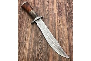POSHLAND Handmade Damascus Steel 15.25 Inches Bowie Knife - Solid Marindi Wood/Bone Handle(Case/Knife may vary slightly) (REG-49)