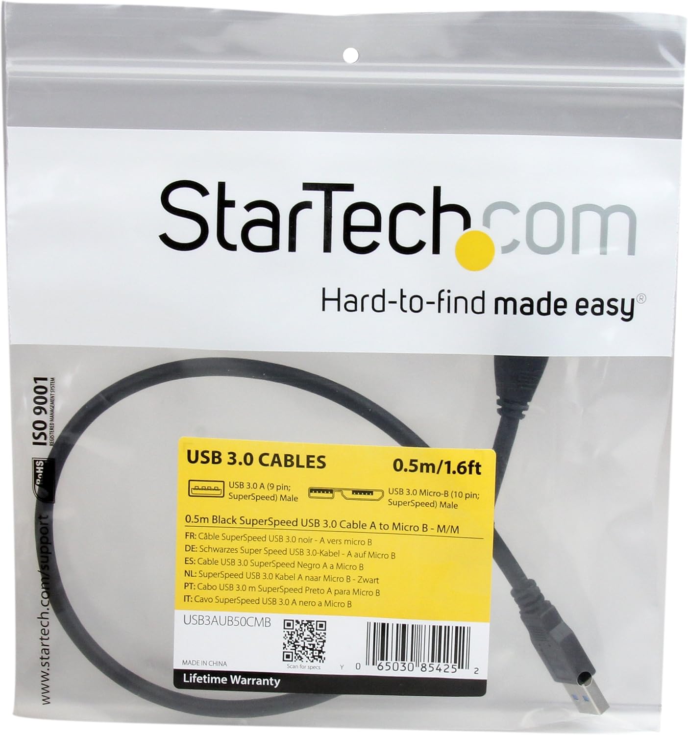 StarTech.com 0.5m (1.5ft) Black SuperSpeed USB 3.0 Cable A to Micro B, USB 3.0 Micro B Cable, 1x USB 3 A (M) - Image 5