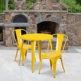 EMMA + OLIVER Commercial 30" Round Yellow Metal Indoor-Outdoor Table Set with 2 Cafe Chairs