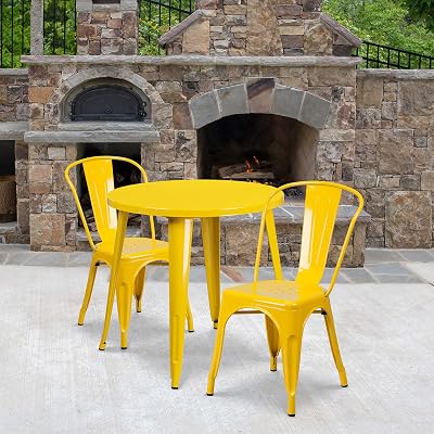 EMMA + OLIVER Commercial 30" Round Yellow Metal Indoor-Outdoor Table Set with 2 Cafe Chairs